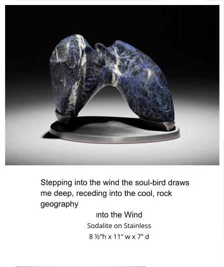 Stepping into the wind the soul-bird draws me deep, receding into the cool, rock geography Into the Wind Sodalite on Stainless 8 ½“h x 11“ w x 7” d